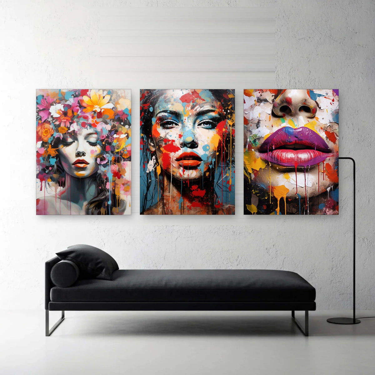 3er-Set Pop Art Frauen nebeneinander im Wohnzimmer