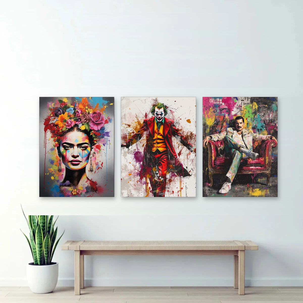 3er-Set Pop Art Ikonen nebeneinander im Wohnzimmer
