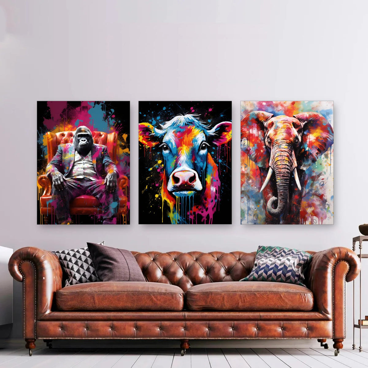 3er-Set Pop Art Tiere nebeneinander im Wohnzimmer