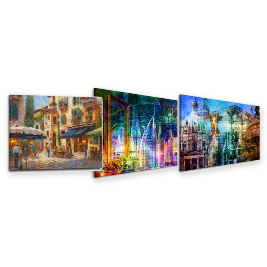 3er-Set Städte in Farbe – drei Leinwandbilder