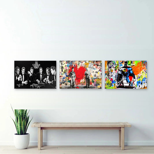 3er-Set Street Art Legenden nebeneinander im Wohnzimmer