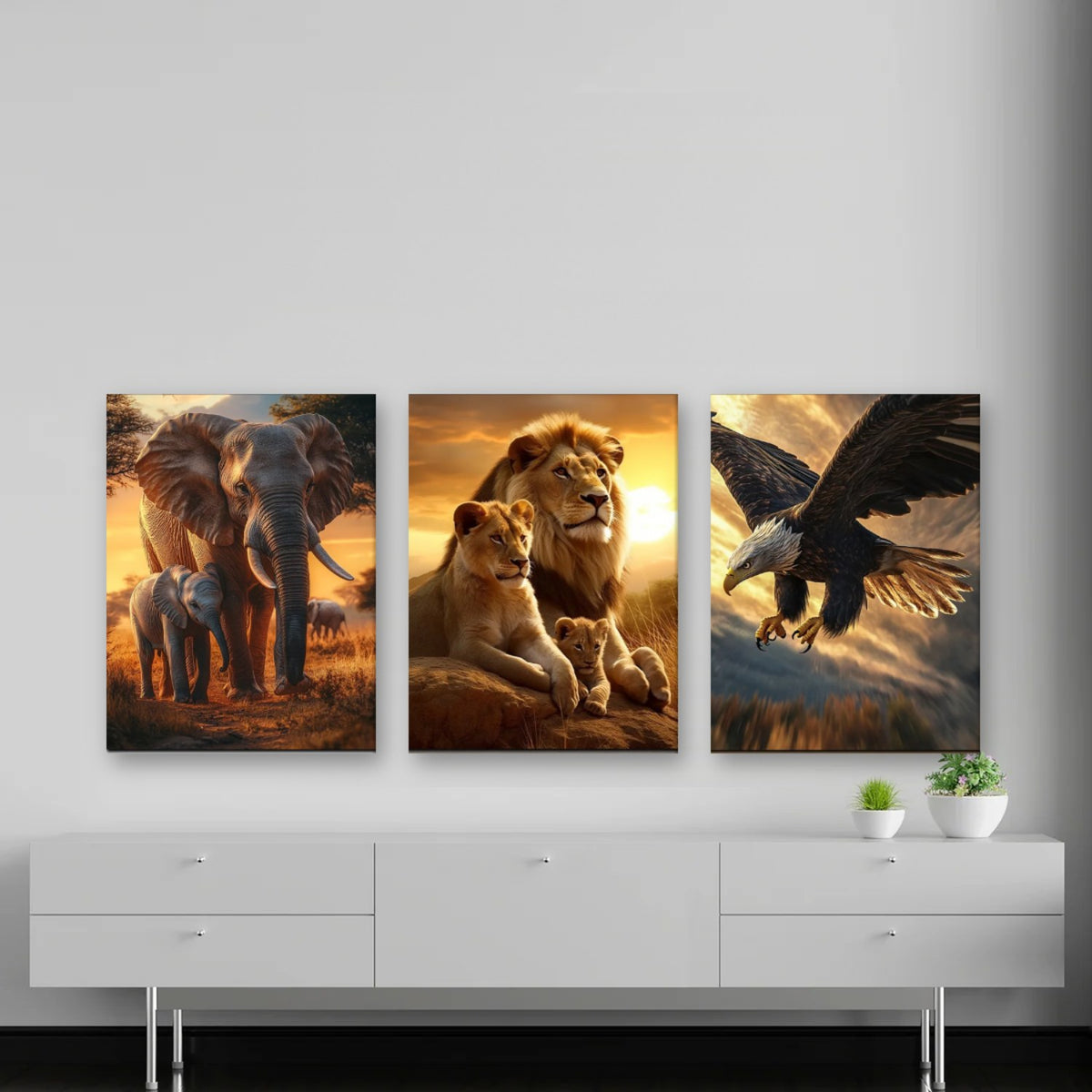 3er-Set Wildnis im Abendlicht nebeneinander im Wohnzimmer