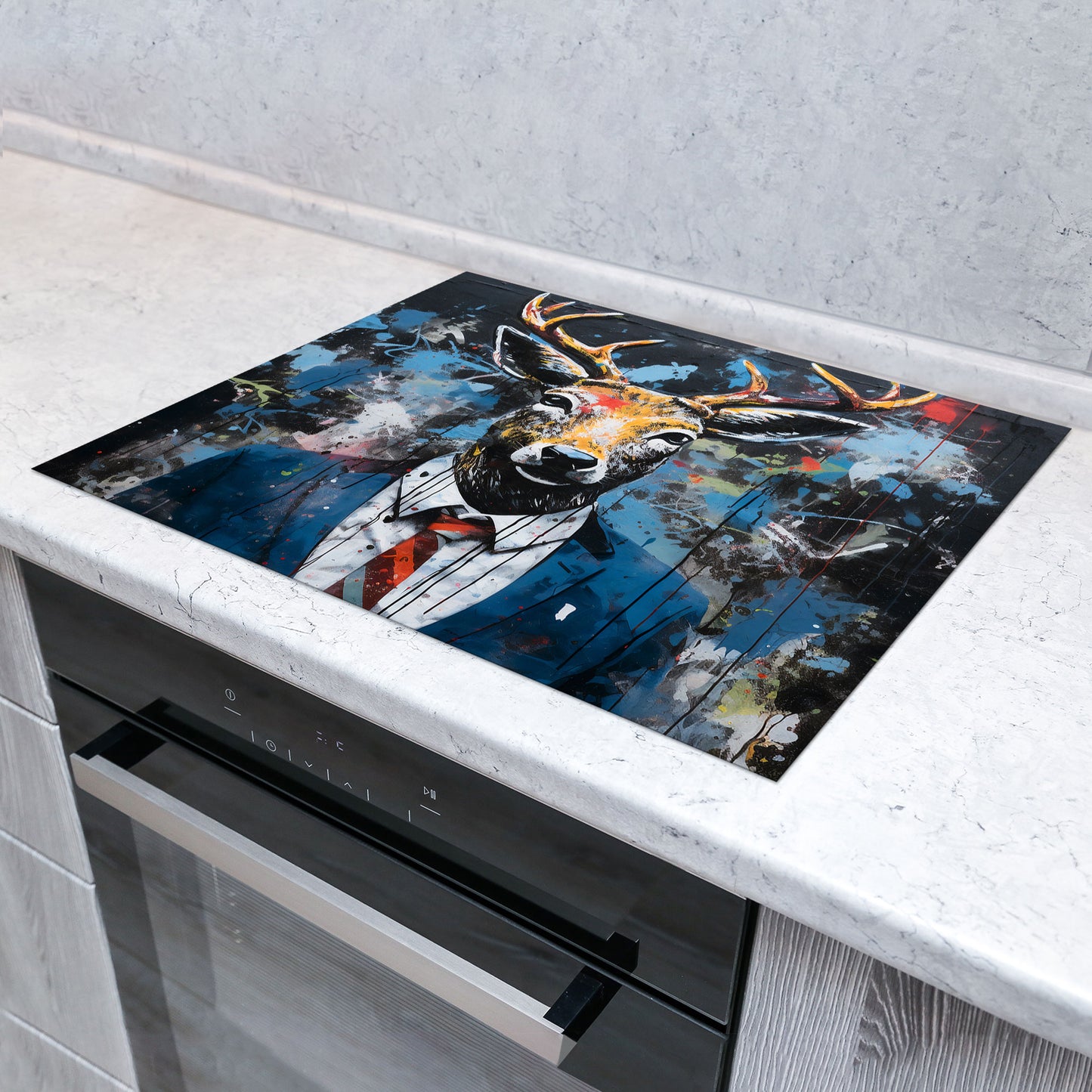 Abstrakt Hirsch im Anzug Herdabdeckplatte Induktionsschutz für Ceranfeld & Küche Deko
