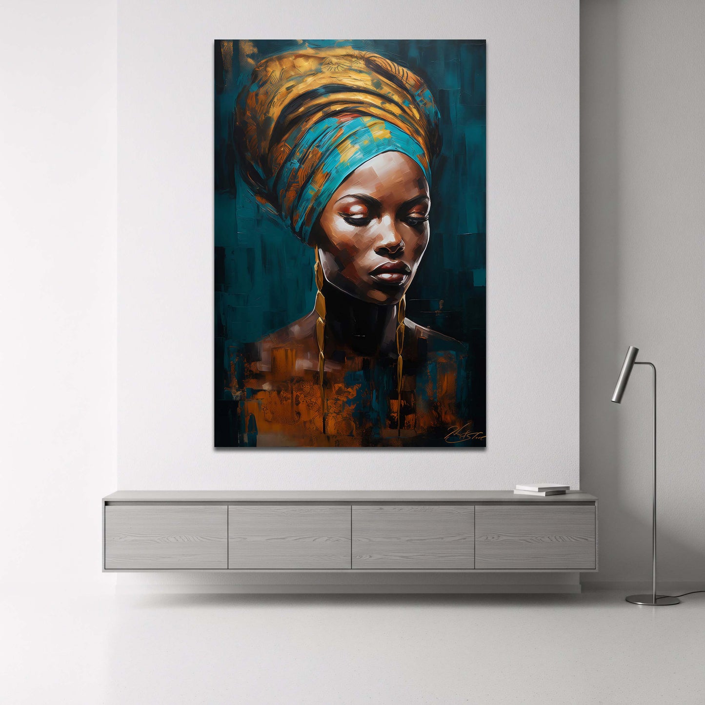 Afrikanische Frau mit Turban in Gold und Türkis Wandbild 3