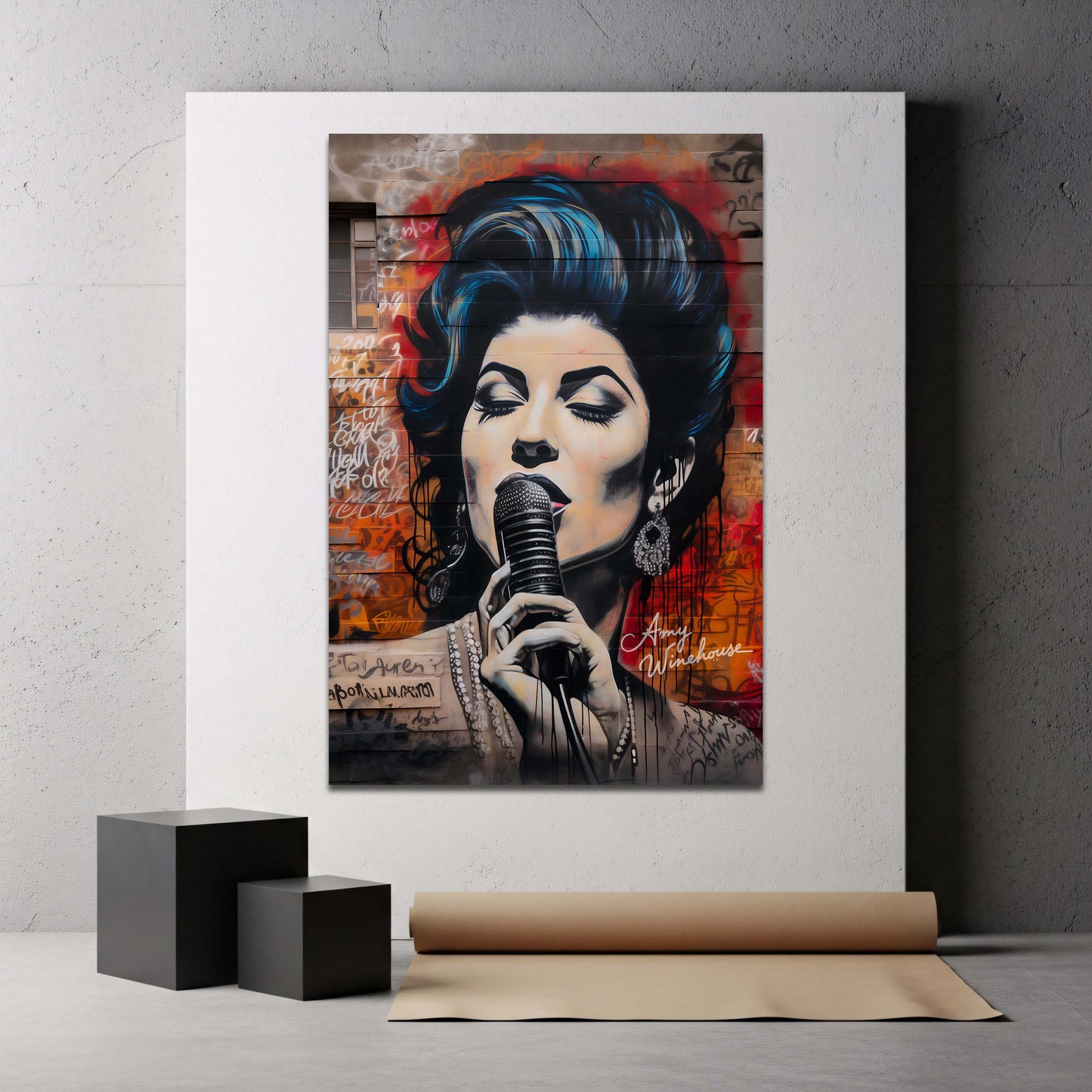 Sängerin Amy mit Mikrofon als Street Art Graffiti Wandbild 2