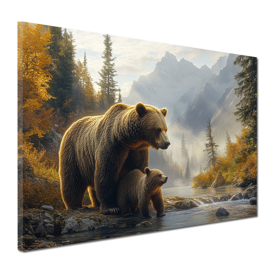 Wandbild Bären Familie Berge Fluss Wald Harmonie