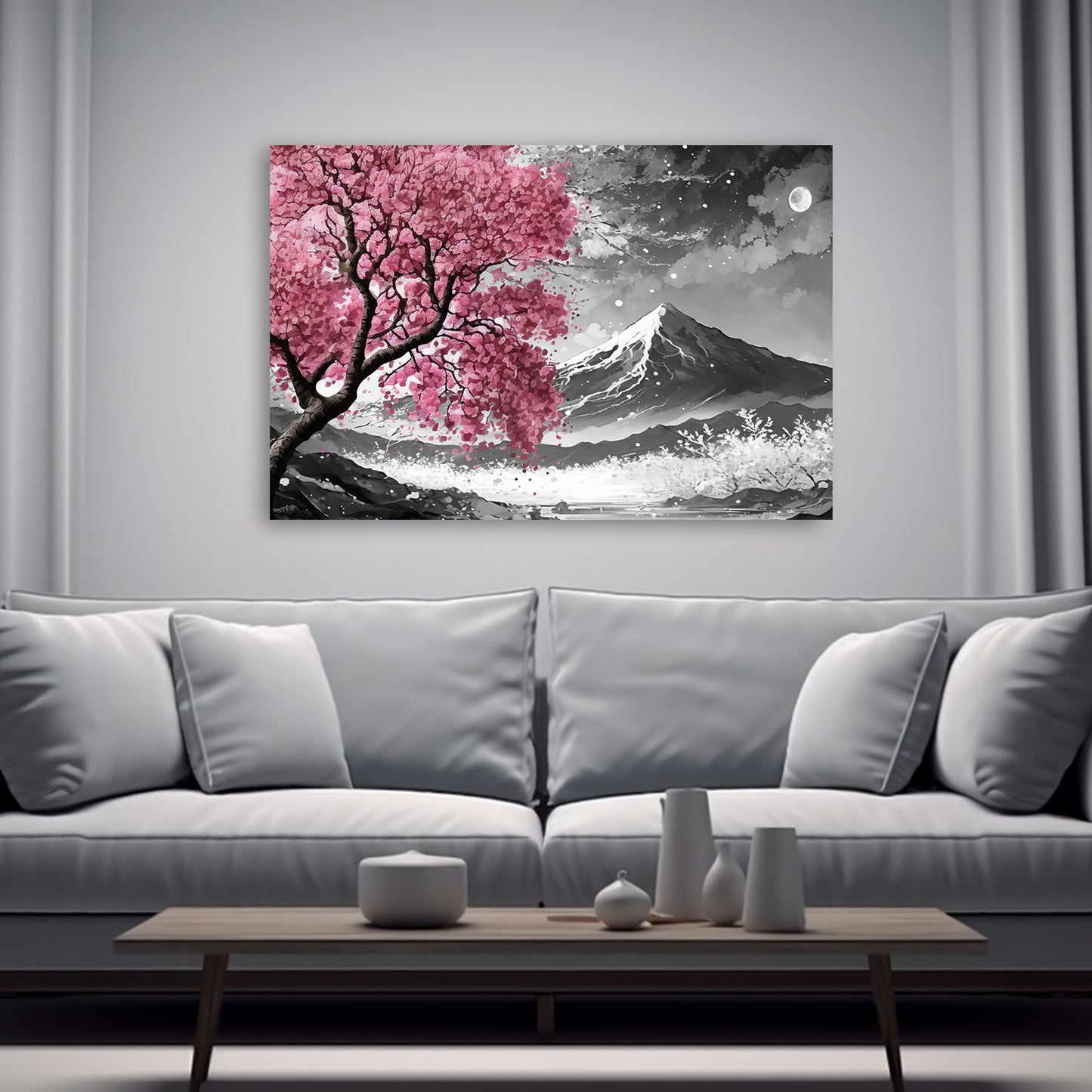 Wandbild Baum in schwarz weiß und pink Landschaft