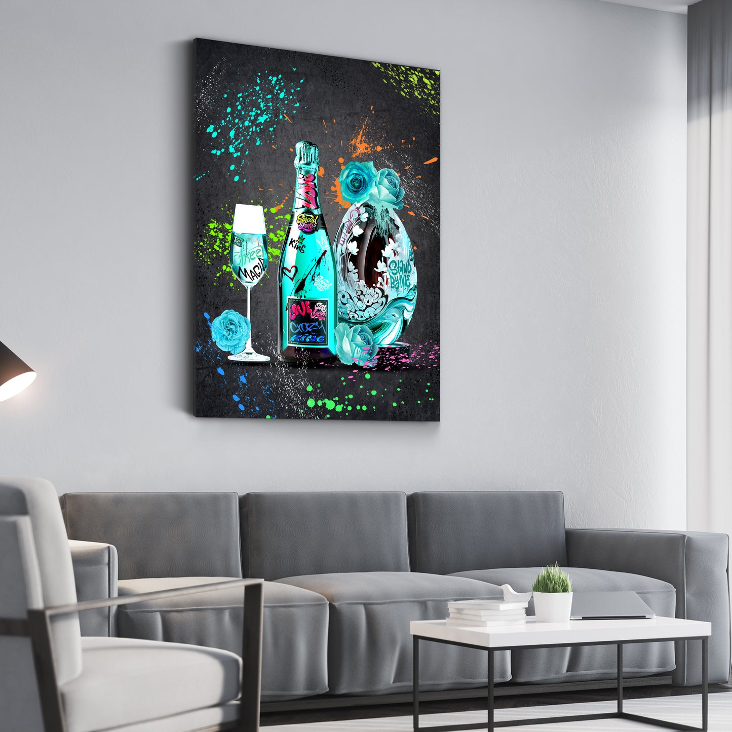 Wandbild Champagner und Graffiti Kunst Pop Art mit türkisen Akzenten