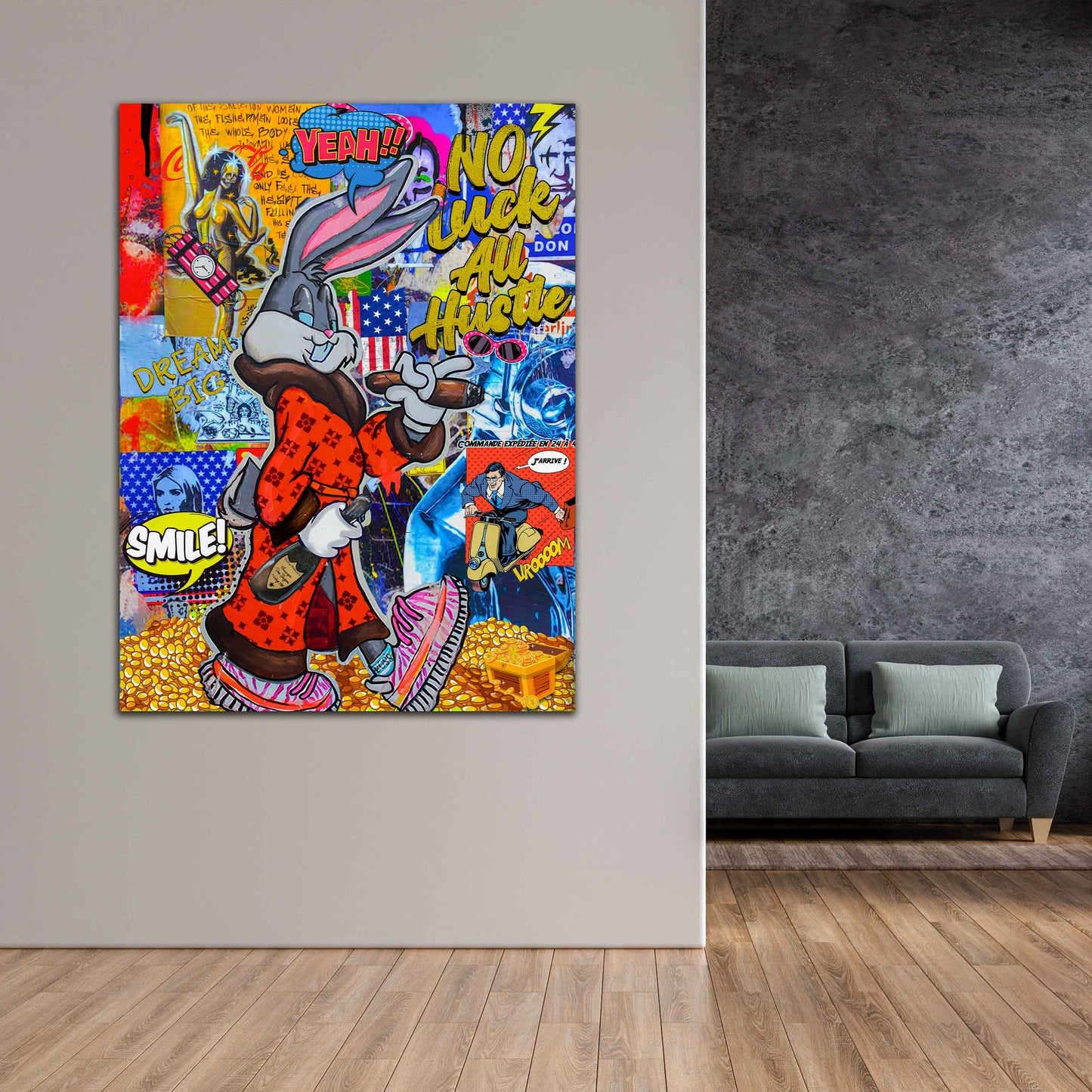 Comic Bunny Pop Art Wandbild im Wohnraum