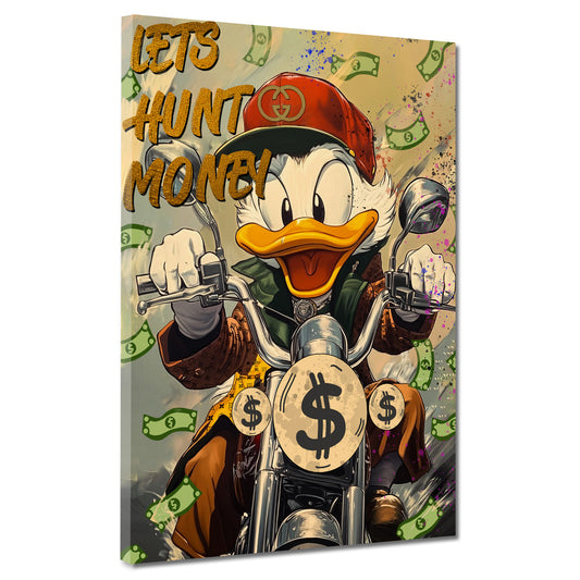 Wandbild Comic Duck auf Motorrad im Geldregen