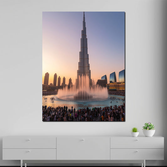 Wandbild Dubai Burj Khalifa mit Wasserfontäne bei Sonnenuntergang