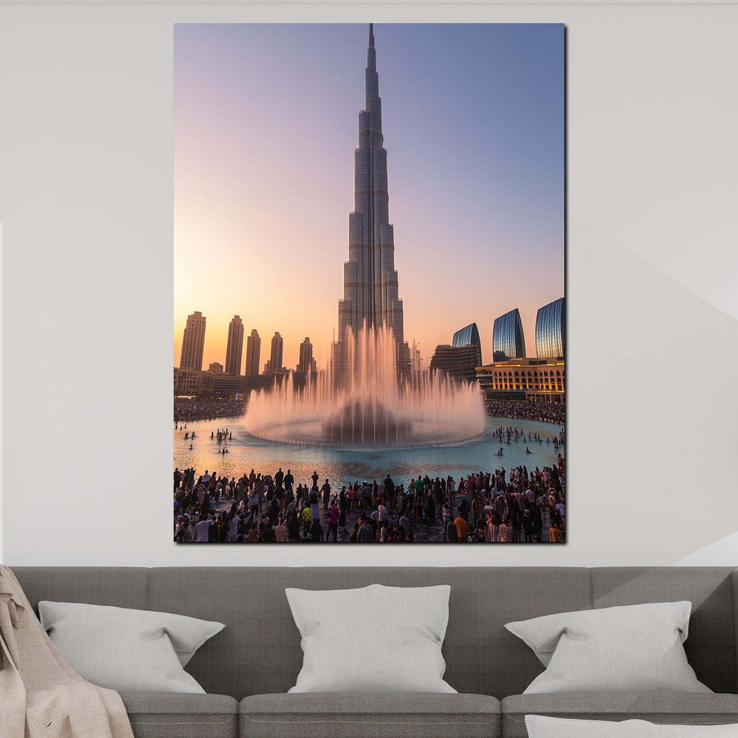 Wandbild Dubai Burj Khalifa mit Wasserfontäne bei Sonnenuntergang