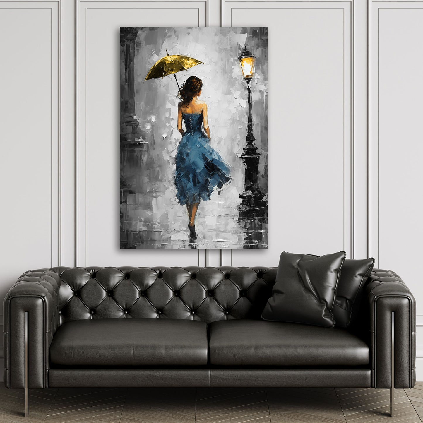 Wandbild Frau im blauen Kleid mit Regenschirm Painting Style