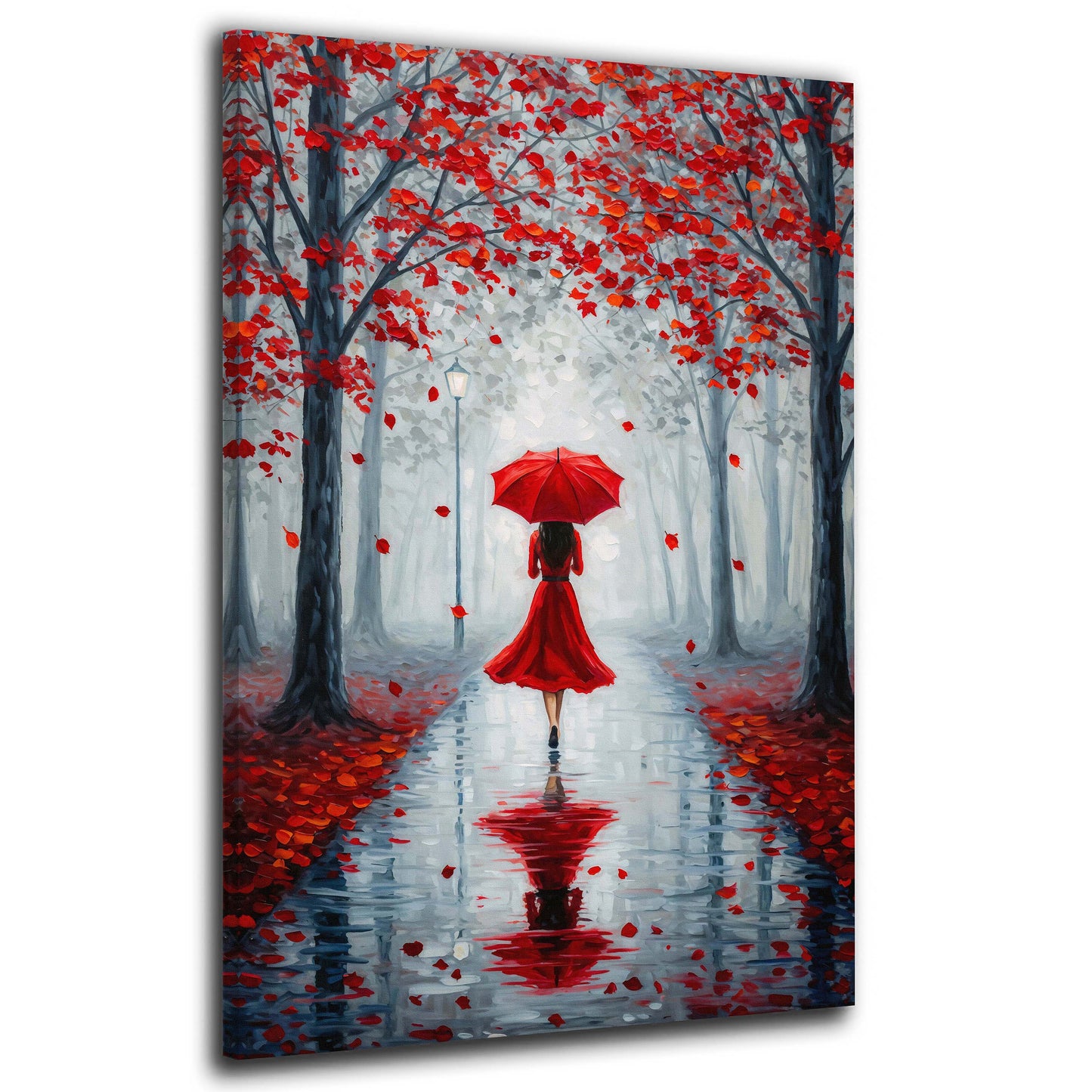 Wandbild Frau im roten Kleid Herbstallee Regenschirm romantisch modern
