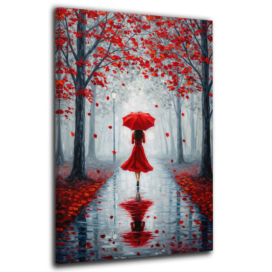 Wandbild Frau im roten Kleid Herbstallee Regenschirm romantisch modern