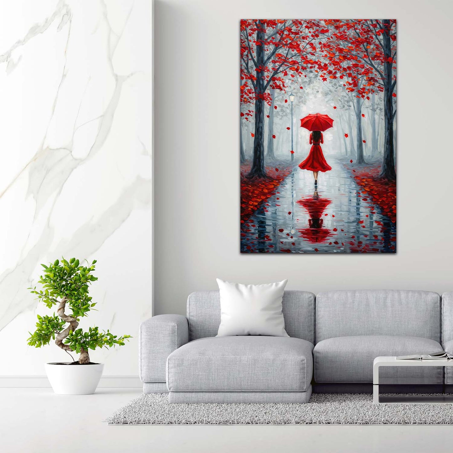 Wandbild Frau im roten Kleid Herbstallee Regenschirm romantisch modern