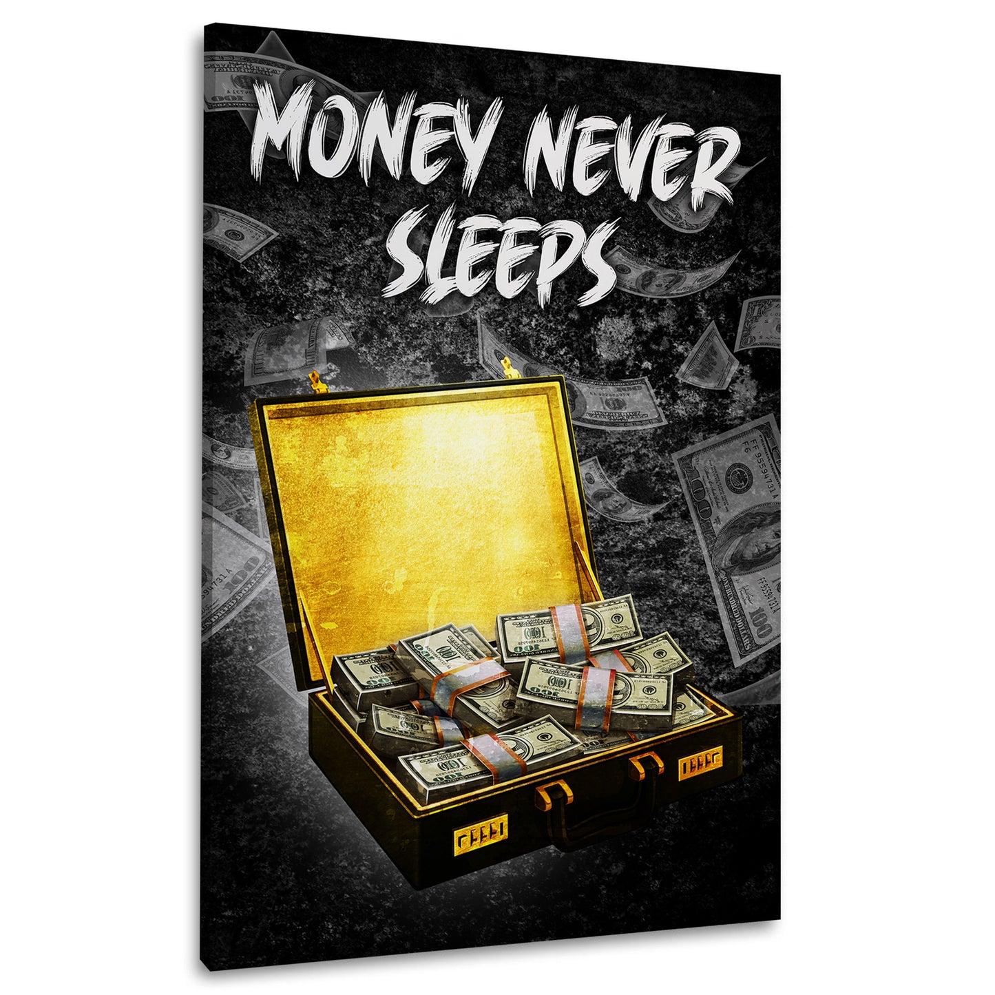 Wandbild Geldkoffer Motivation Money Never Sleeps