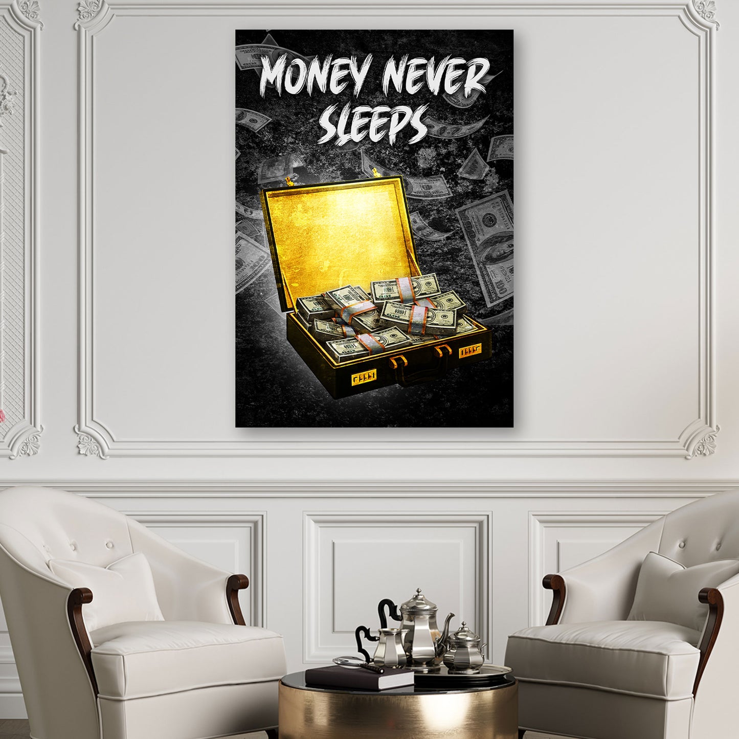 Wandbild Geldkoffer Motivation Money Never Sleeps