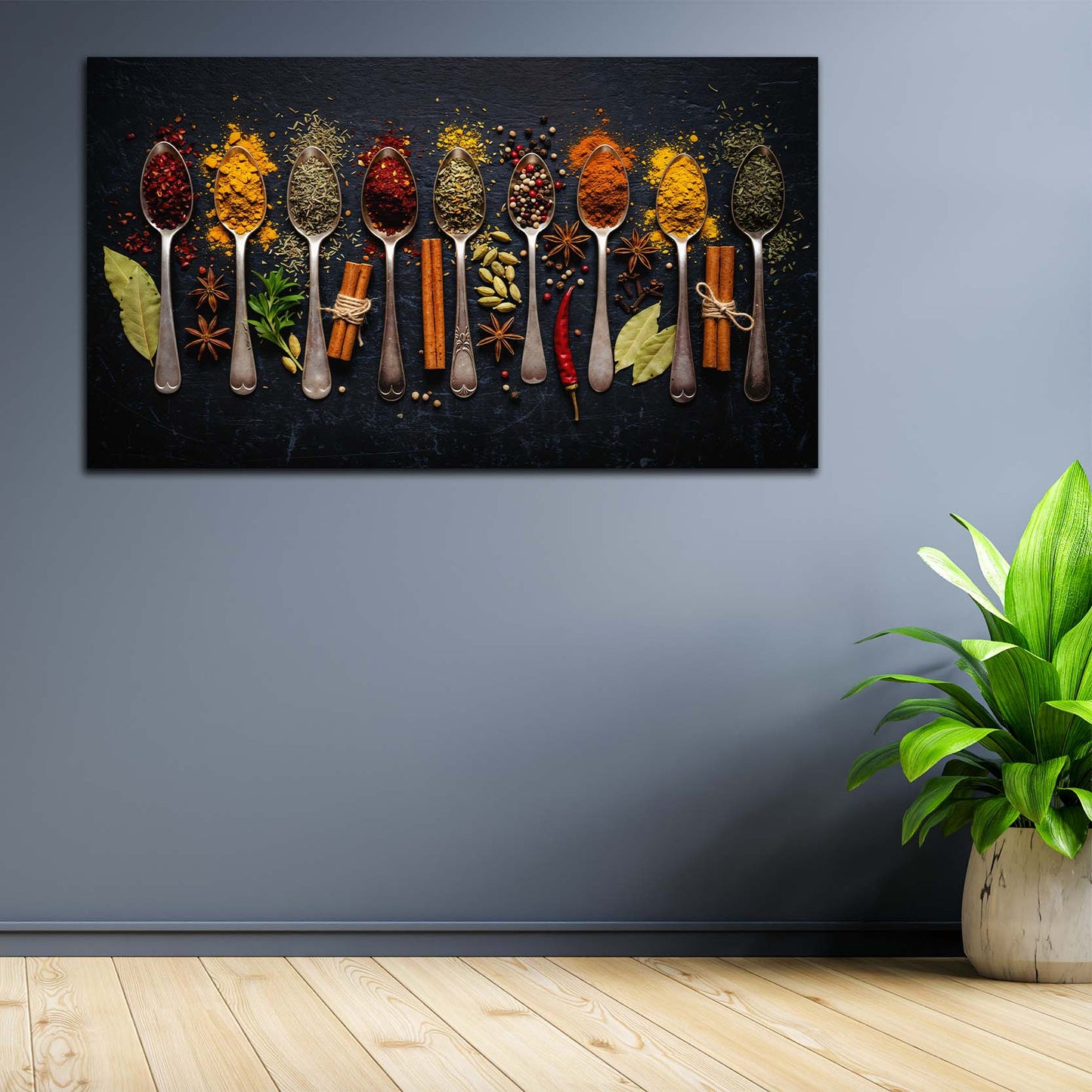 Wandbild Gewürze auf Löffeln Küche Kräuter orientalisch modern farbenfroh