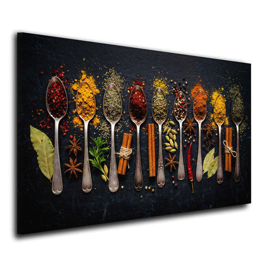 Wandbild Gewürze auf Löffeln Küche Kräuter orientalisch modern farbenfroh