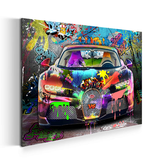 Bugatti Wandbild Auto Graffiti Sportwagen Pop Art mit Farbenexplosion