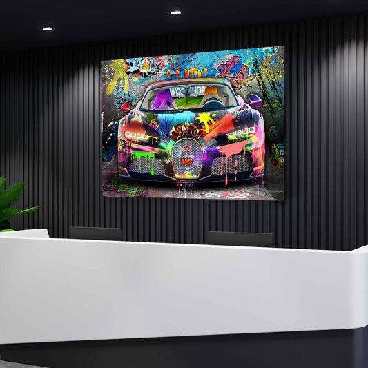 Bugatti Wandbild Auto Graffiti Sportwagen Pop Art mit Farbenexplosion
