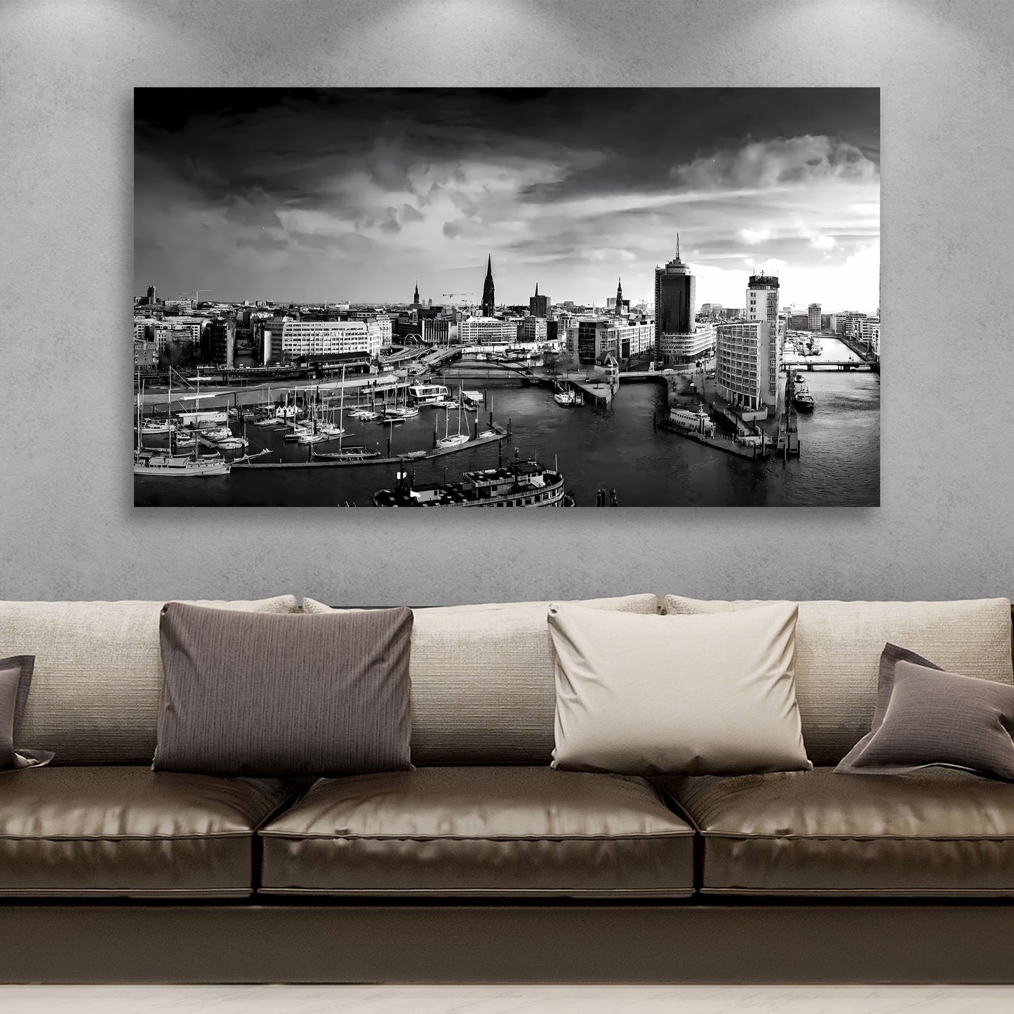 Wandbild Hamburg Skyline Hafen schwarz weiss