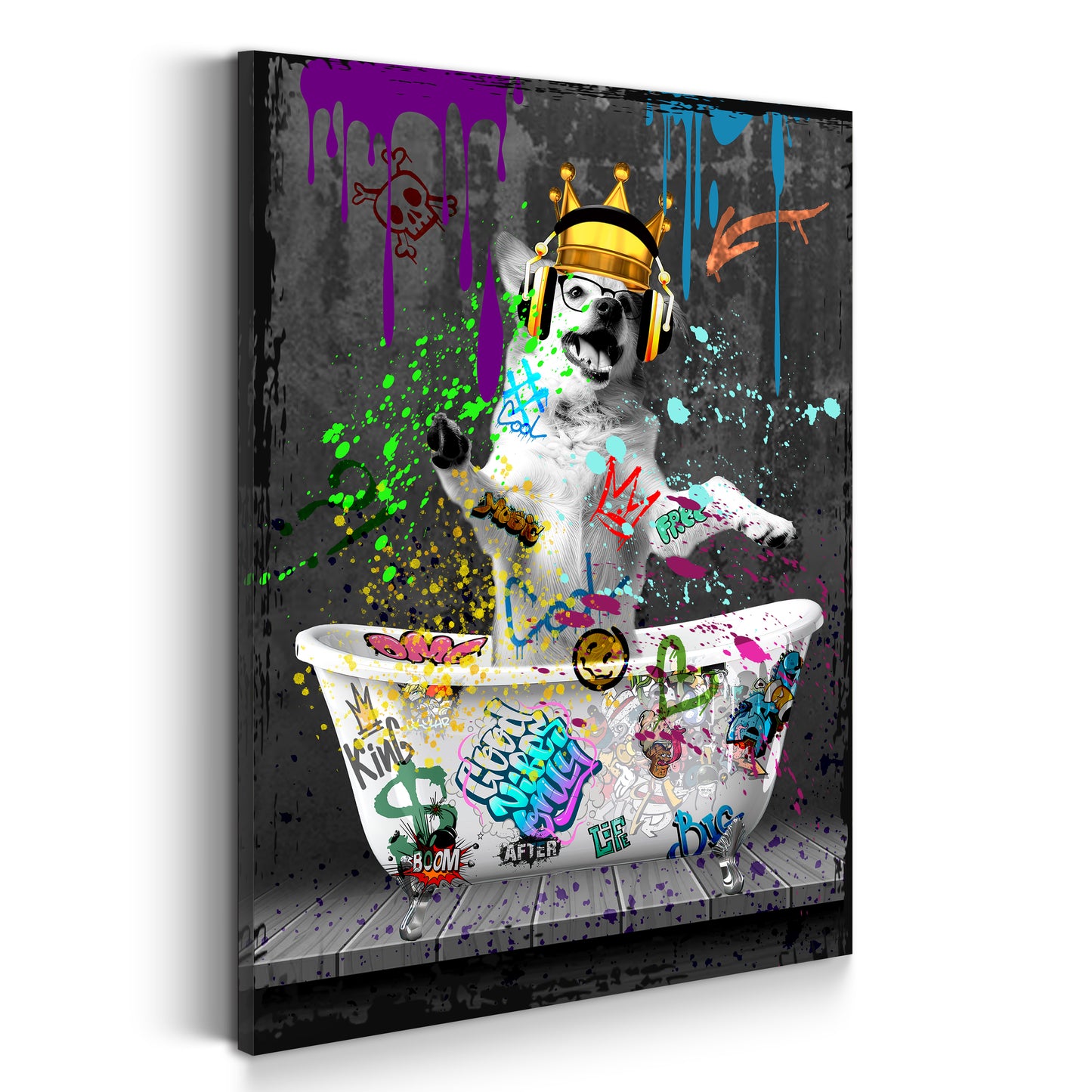 Wandbild Hund in Badewanne Graffiti Street Art Stil