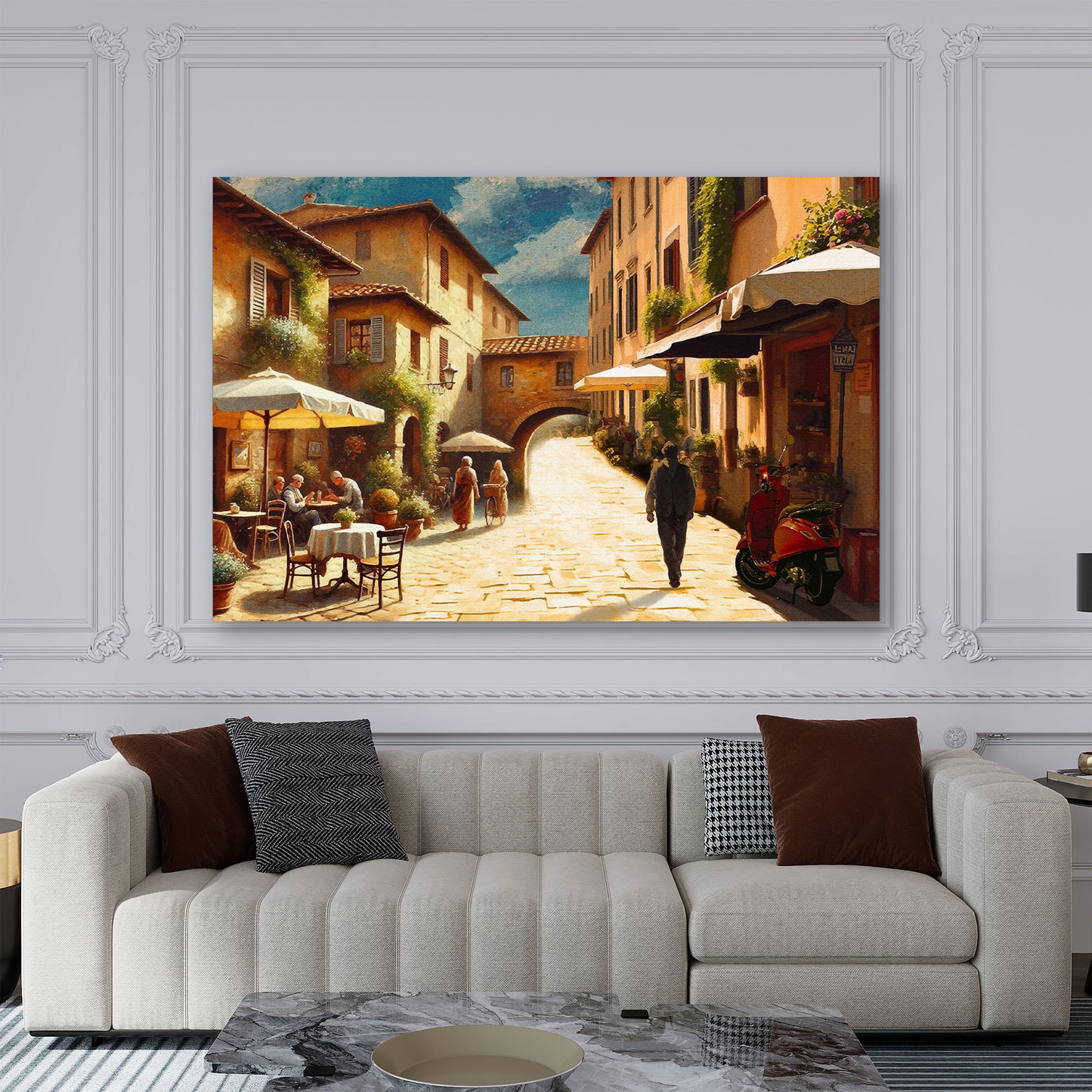 Wandbild italienische Gasse mit Café und mediterranem Flair