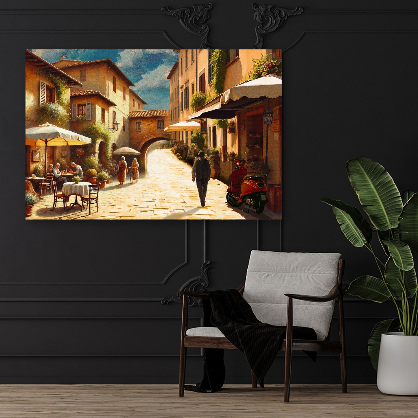 Wandbild italienische Gasse mit Café und mediterranem Flair