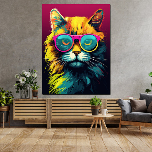 Wandbild Katze frontal mit Sonnenbrille Pop Art