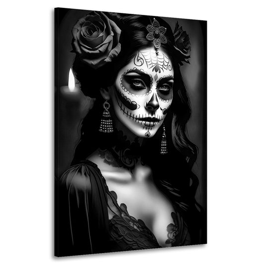 Wandbild La Calavera Catrina im Spitzenkleid schwarz weiß