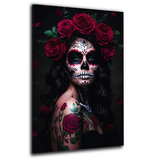 Wandbild La Catrina Frau mit Rosen Tattoo modern