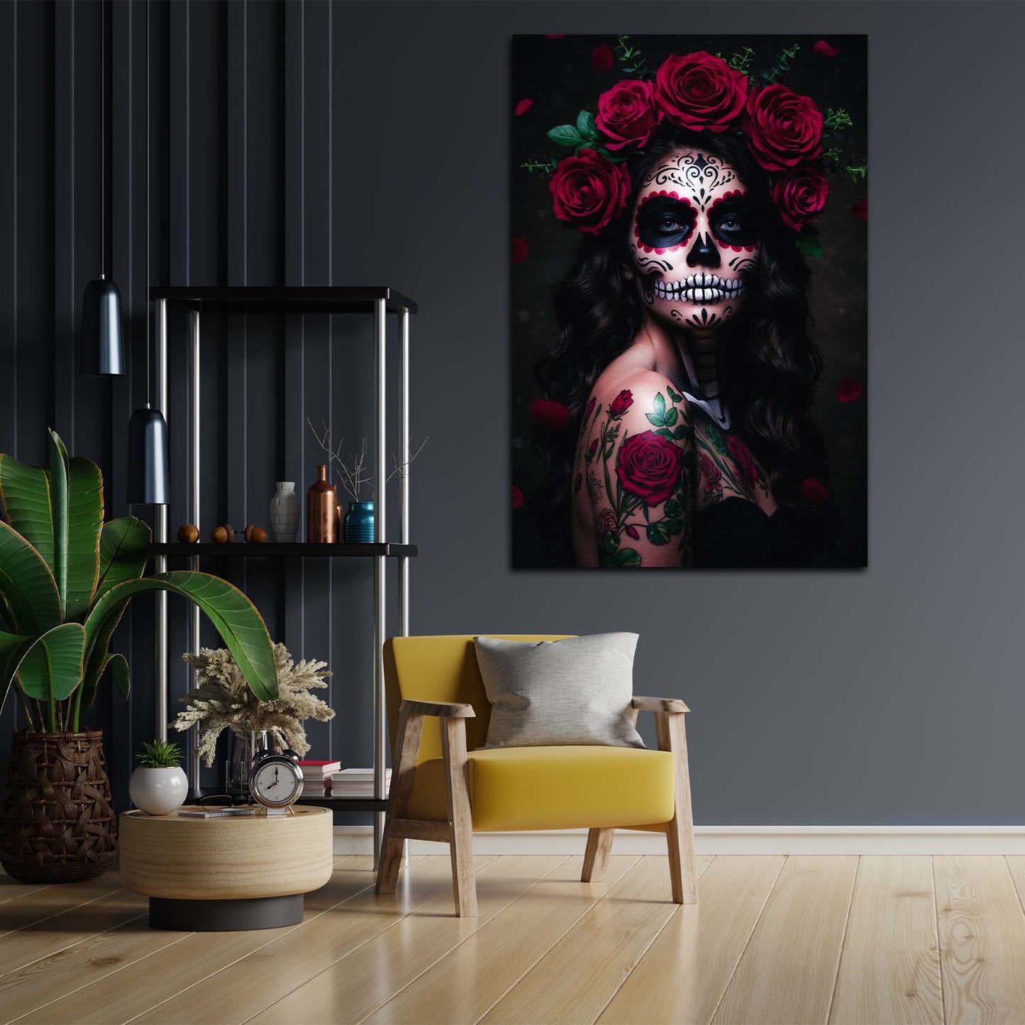 Wandbild La Catrina Frau mit Rosen Tattoo modern