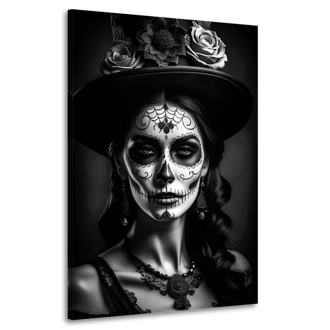 Wandbild La Catrina im Spitzenkleid schwarz weiß