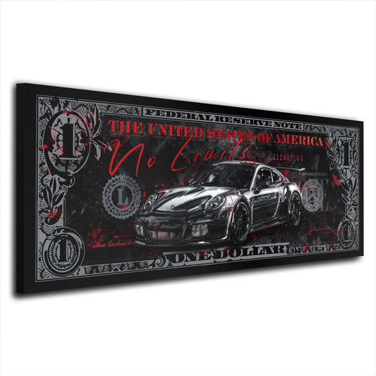 Wandbild Sportwagen Porsche Zitat No limits Silver Edition, Motivation