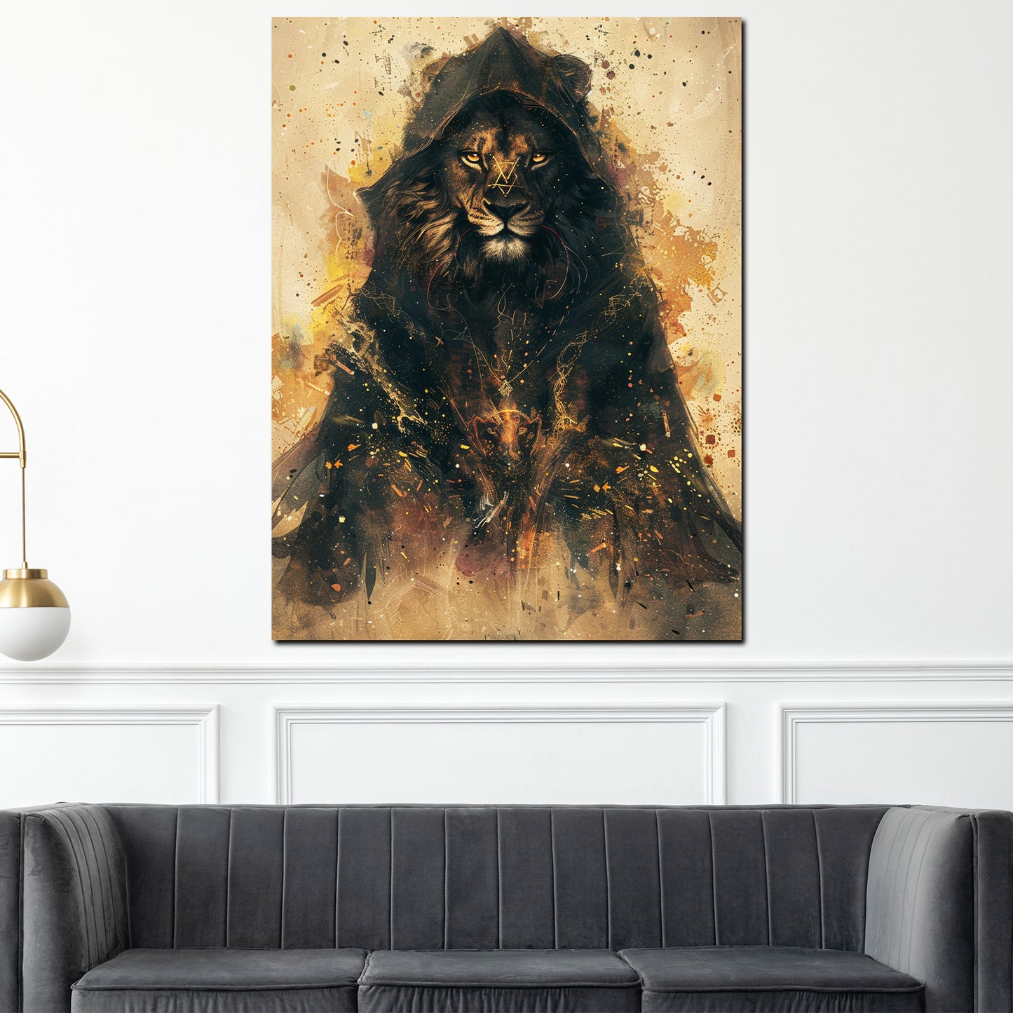 Wandbild Löwe mit Kapuze mystisch modern
