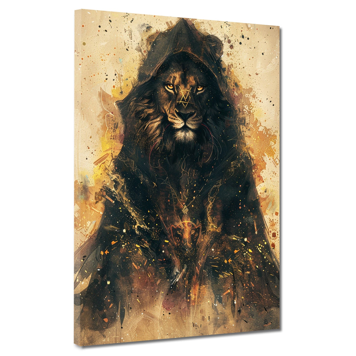 Wandbild Löwe mit Kapuze mystisch modern