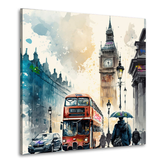 Wandbild London, Big Ben Bus Watercolour