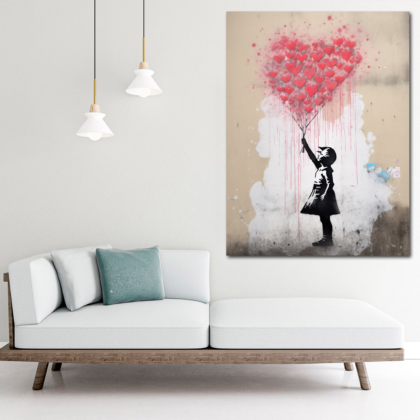 Wandbild Mädchen mit rotem Ballon aus Herzen, Street Art