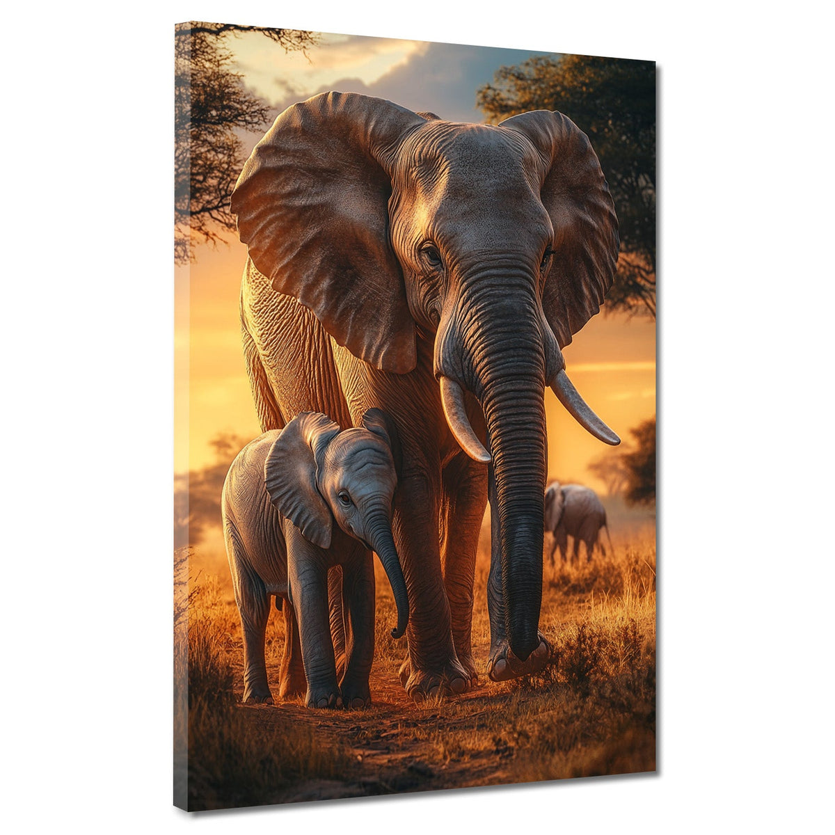 Elefanten-Familie im Sonnenuntergang – Wandbild