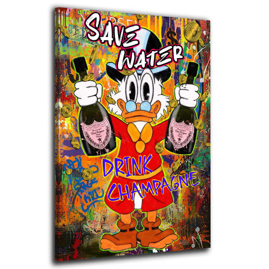 Wandbild Pop Art Duck Save Water Champagner Geld Erfolg