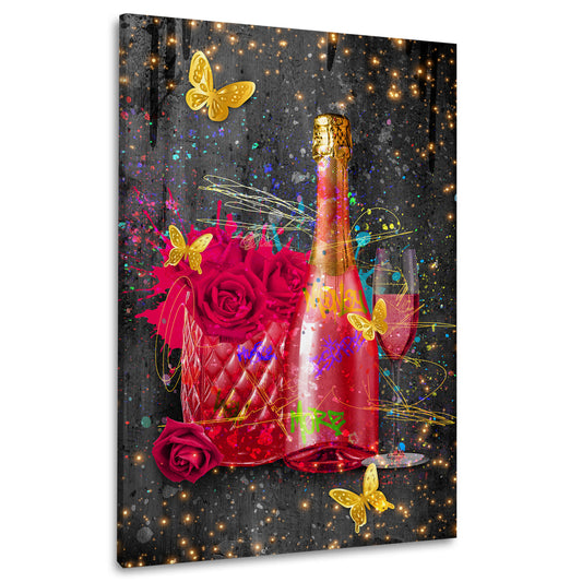 Wandbild Pop Art Flasche mit Blumen und Schmetterlingen