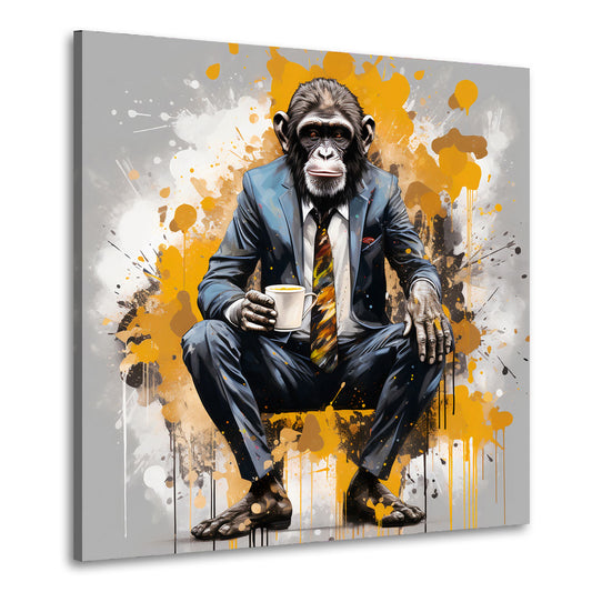 Wandbild Pop Art Gorilla im Anzug mit Kaffee