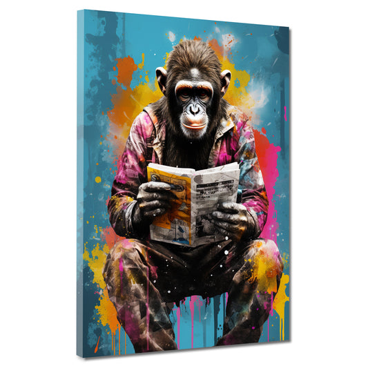 Wandbild Pop Art Gorilla sitzend mit Zeitung