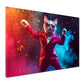 Wandbild Pop Art Katze im Anzug tanzend Farben modern
