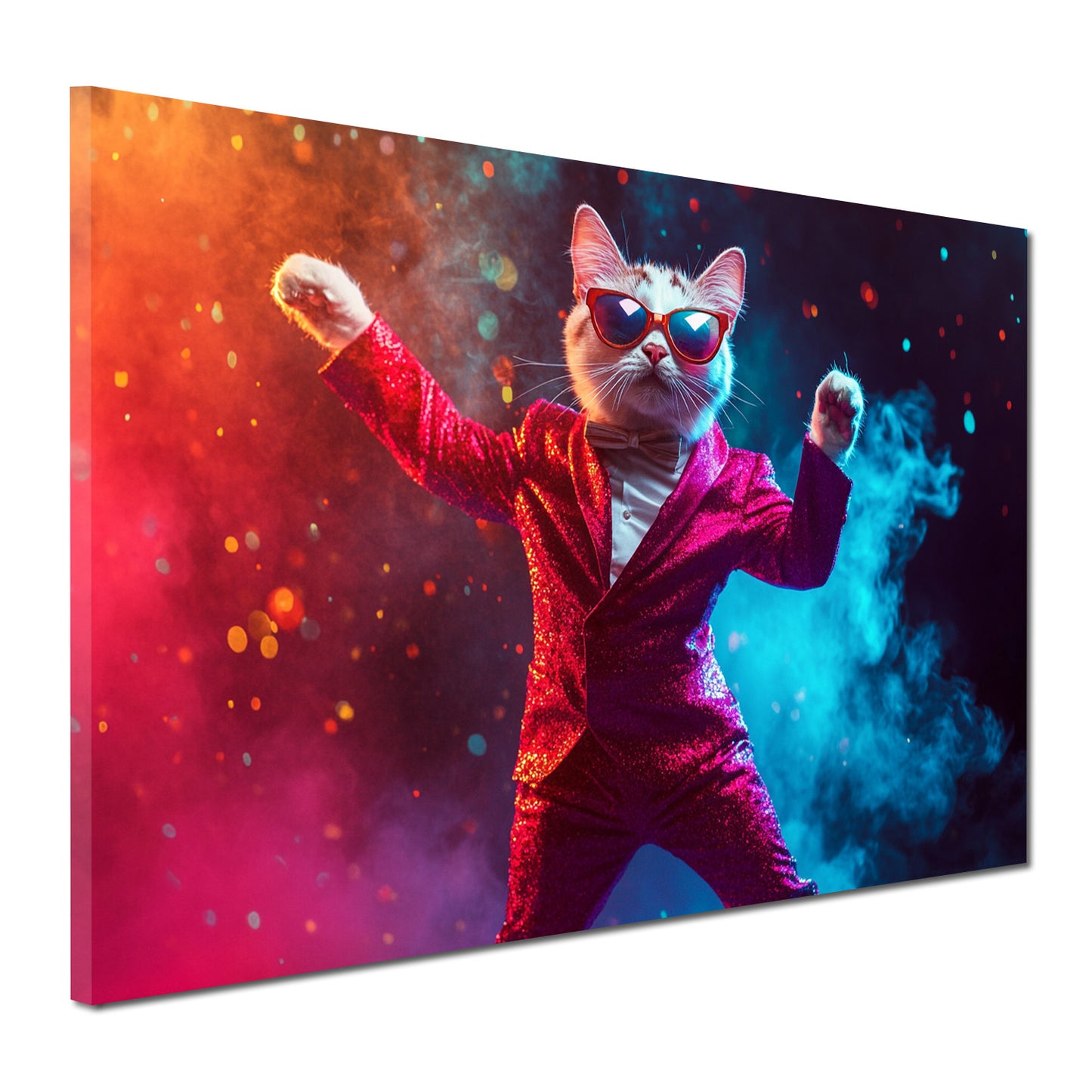 Wandbild Pop Art Katze im Anzug tanzend Farben modern
