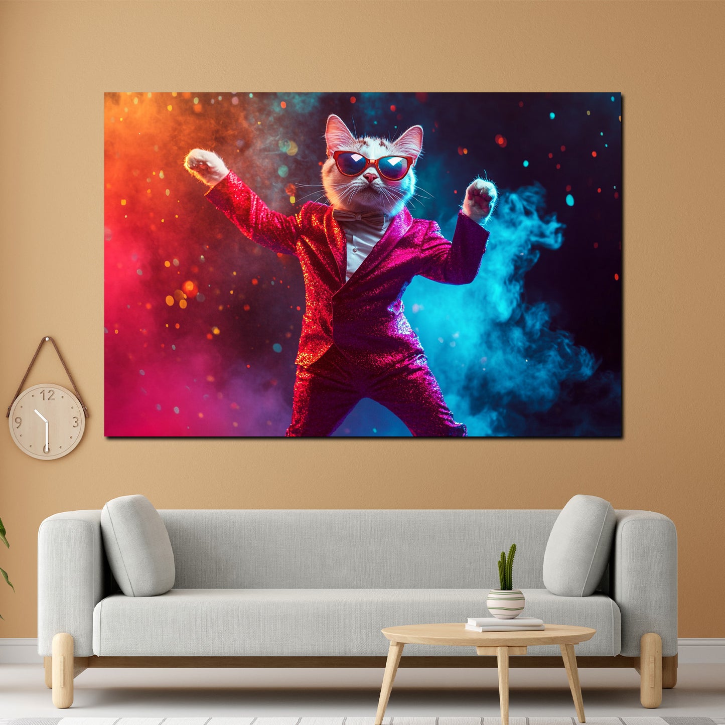 Wandbild Pop Art Katze im Anzug tanzend Farben modern