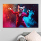 Wandbild Pop Art Katze im Anzug tanzend Farben modern
