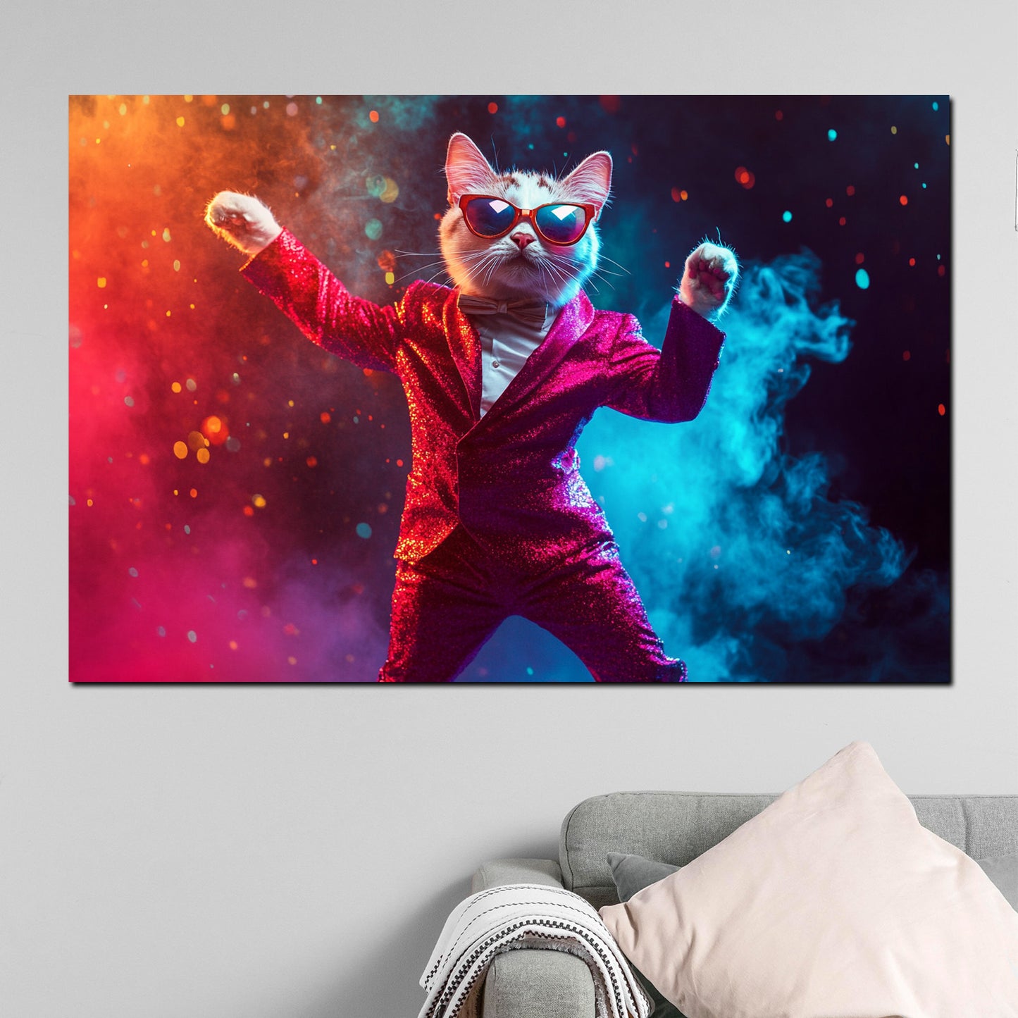 Wandbild Pop Art Katze im Anzug tanzend Farben modern